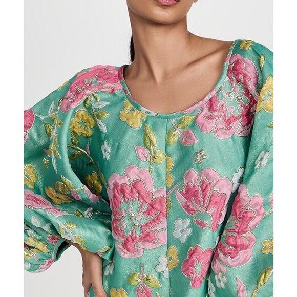 Arianne Elmy Green Good Luck Floral Embroidered Puff Sleeve Top Size S - Picture 15 of 15